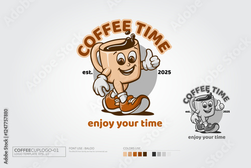 Coffee Time and enjoy your time Vector logo Illustration. Coffee to go cartoon logo with coffee cup mascot. This Logo design for your business, creative industries, corporate and other.