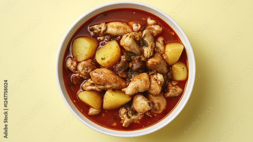 Overhead shot of a bowl of chicken stew with potatoes in a rich, red sauce. Overhead shot of a bowl of chicken stew with potatoes in a rich, red sauce.