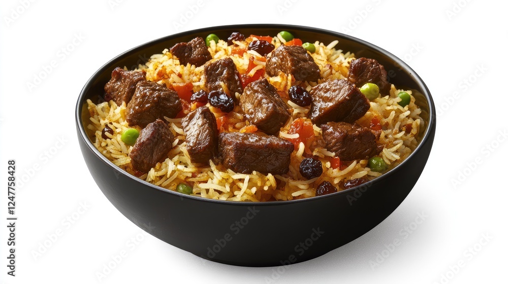 Delicious beef stew with rice, raisins, and peas served in a black bowl on a white background. Delicious beef stew with rice, raisins, and peas served in a black bowl on a white background.