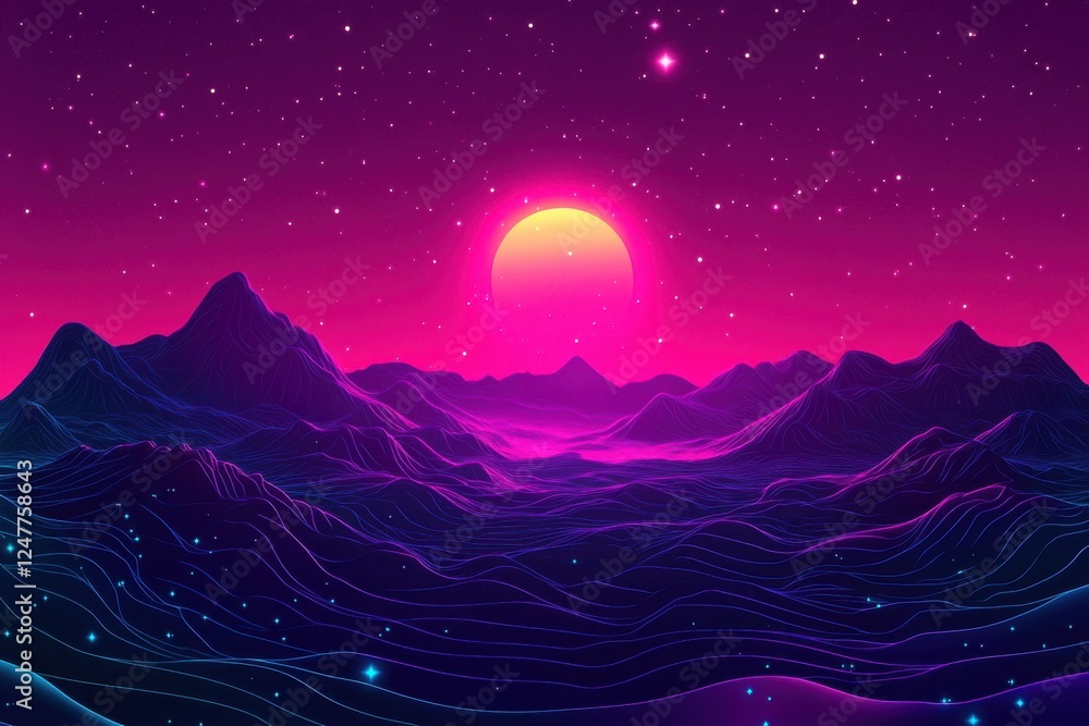 Obraz premium A cosmic landscape with swirling neon hues of purple and pink interspersed with glittering stars and light