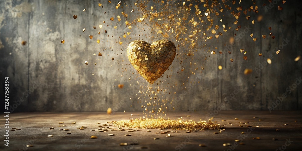 Fototapeta premium Golden heart suspended in mid-air, showering glittering confetti onto a dark surface