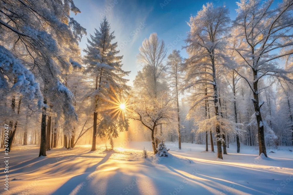 Obraz premium Golden rays illuminate a snow-covered winter forest at sunrise, casting long shadows across the pristine landscape.