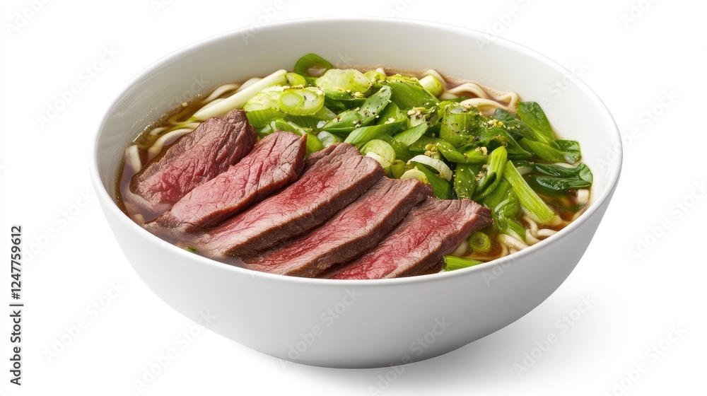 Delicious beef noodle soup in a white bowl, garnished with scallions and bok choy. Delicious beef noodle soup in a white bowl, garnished with scallions and bok choy.