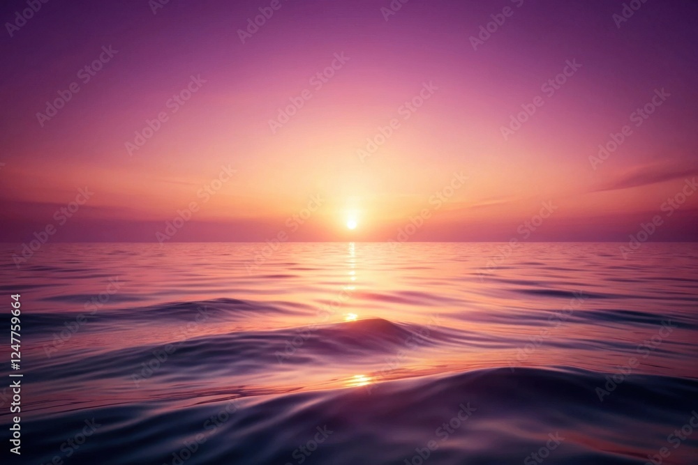 Obraz premium Serene Sunset Over Calm Ocean Waters, Reflecting Golden Hues and Purple Sky