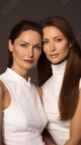 Beautiful Women in White Portrait Mother and Daughter Close up Family Fashion