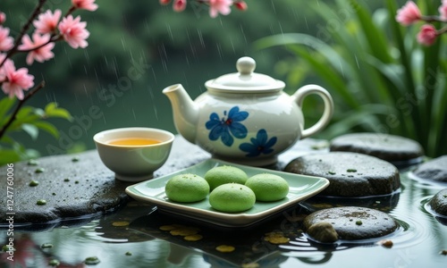 Wallpaper Mural Tea Ceremony with Green Treats in a Rainy Garden Setting Torontodigital.ca