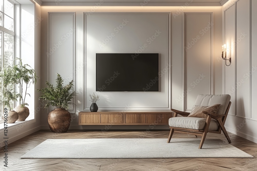 Inside the room, big TV on the wall, white walls, armchairs, vases, minimalism Inside the room, big TV on the wall, white walls, armchairs, vases, minimalism