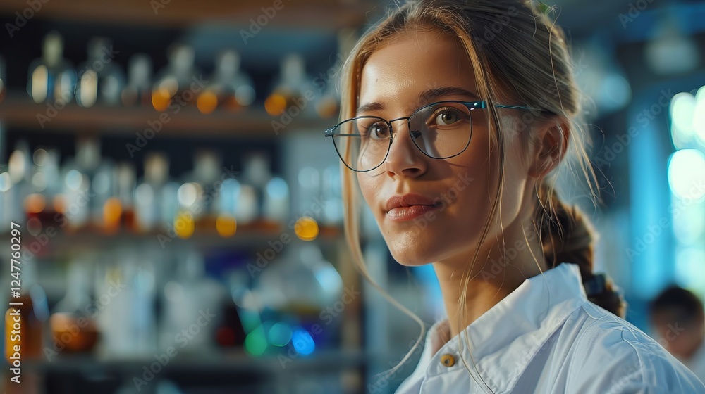 Fototapeta premium Confident Female Scientist in Lab Coat with Glasses Looking at Camera