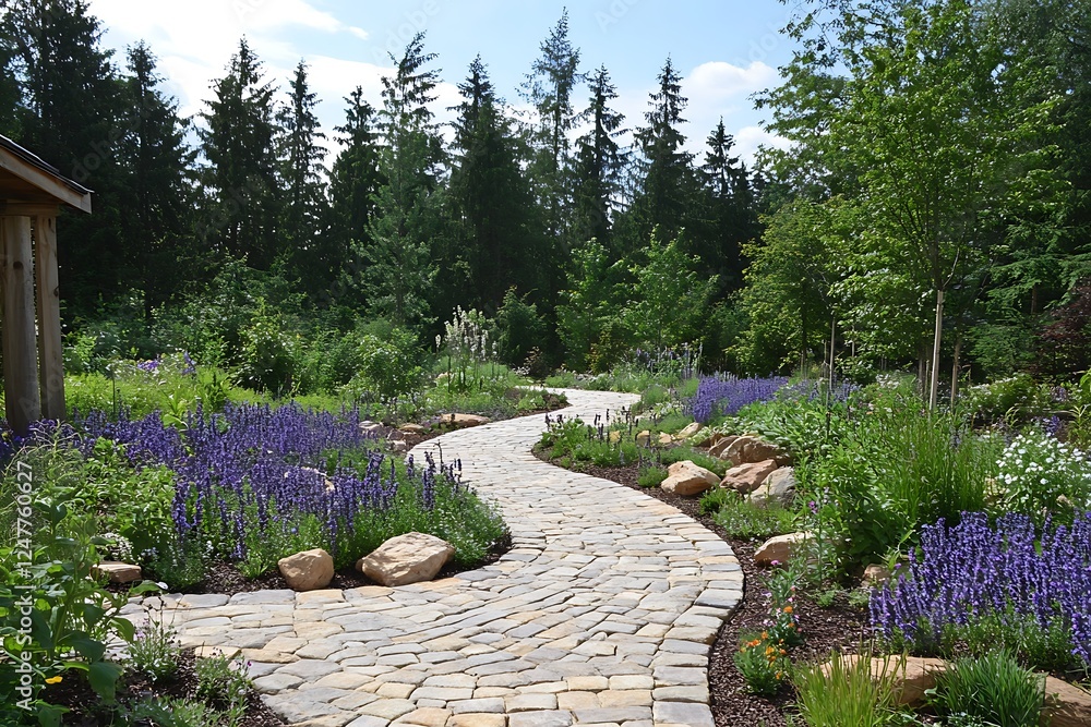 Obraz premium Winding stone path through landscaped garden with lavender