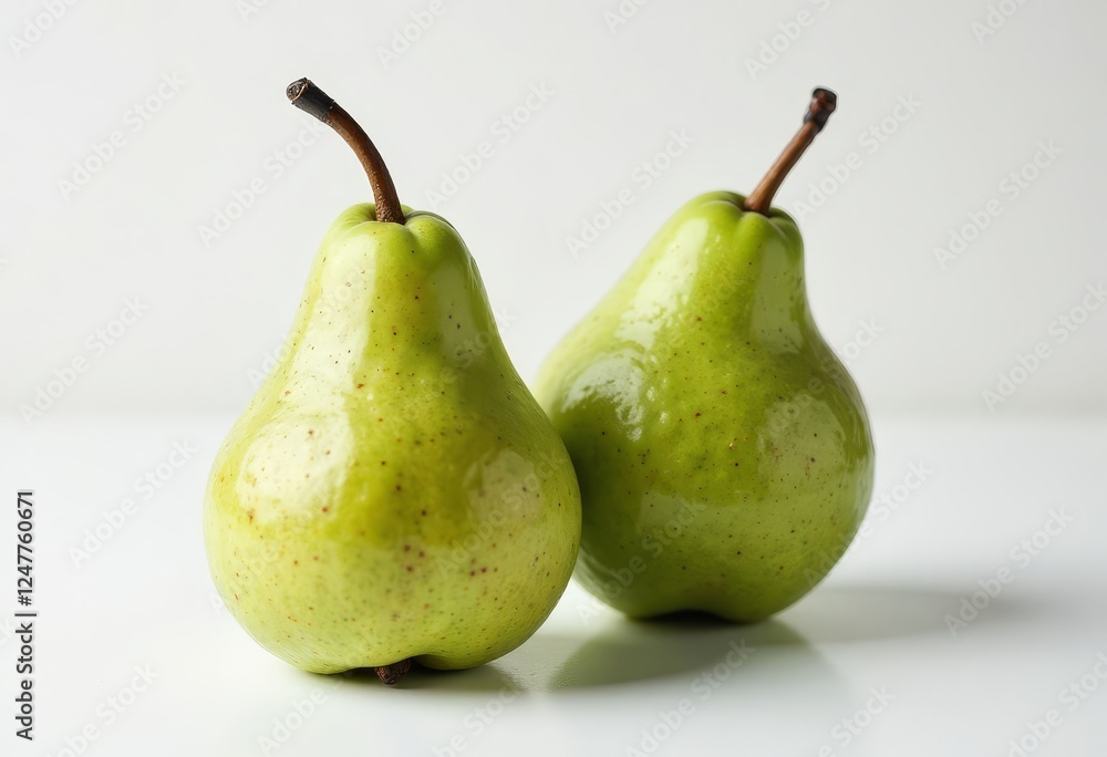 Two Green Pears with Brown Stems on White Surface Two Green Pears with Brown Stems on White Surface