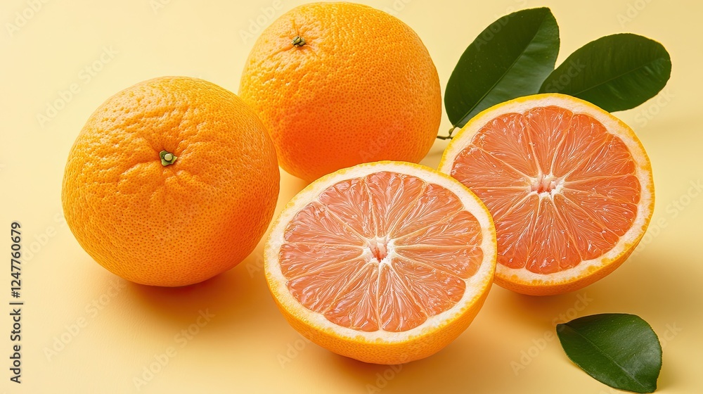 Three whole oranges and one halved pink orange with green leaves on a yellow background. Three whole oranges and one halved pink orange with green leaves on a yellow background.