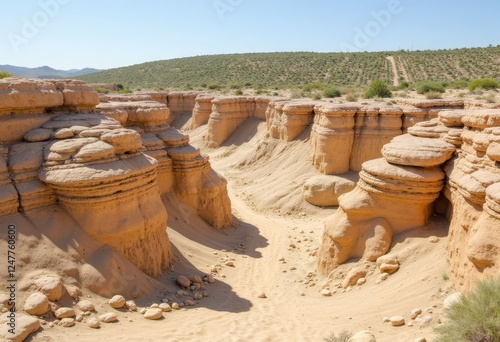 Sculpted Canyon Landscape with Desert Vegetation Background photo