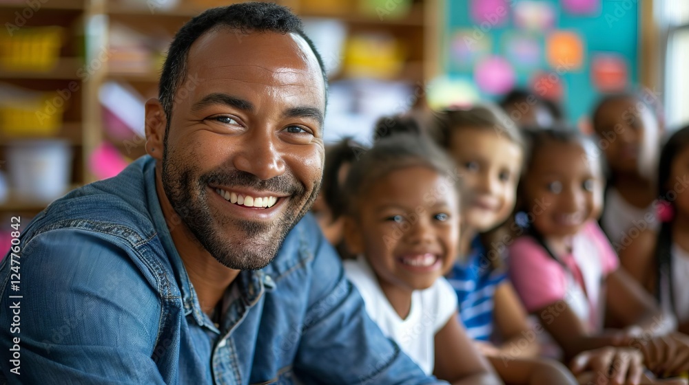 Happy Teacher with Diverse Students in Classroom Happy Teacher with Diverse Students in Classroom