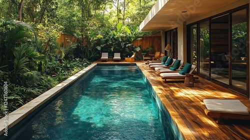 Wallpaper Mural Deluxe getaway atmosphere a captivating image of a wooden poolside deck against a lush jungle, ready for product promotion. Torontodigital.ca