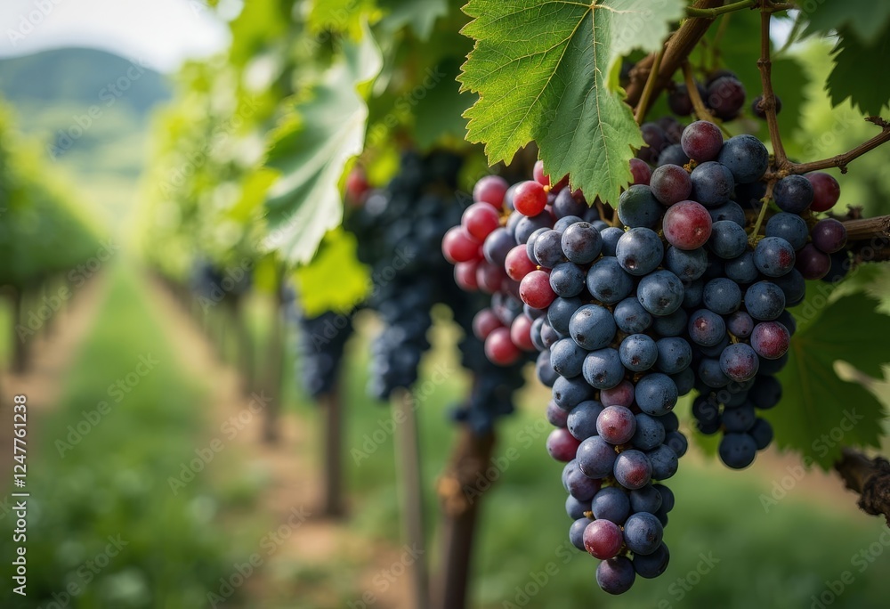 Obraz premium Vineyard Row with Ripening Red and Purple Grapes Hanging Close-up