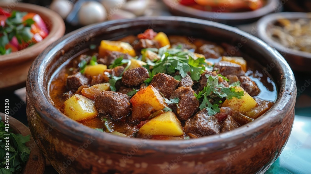 Delicious beef stew with potatoes in a rustic earthenware bowl close up Delicious beef stew with potatoes in a rustic earthenware bowl close up
