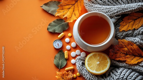 Disease concept. remedy bottles, a crumpled napkin, pills, capsules, a cup of hot tea with lemon, a thermometer, maple leaves, and a knitted plaid on an isolated orange background with copyspace