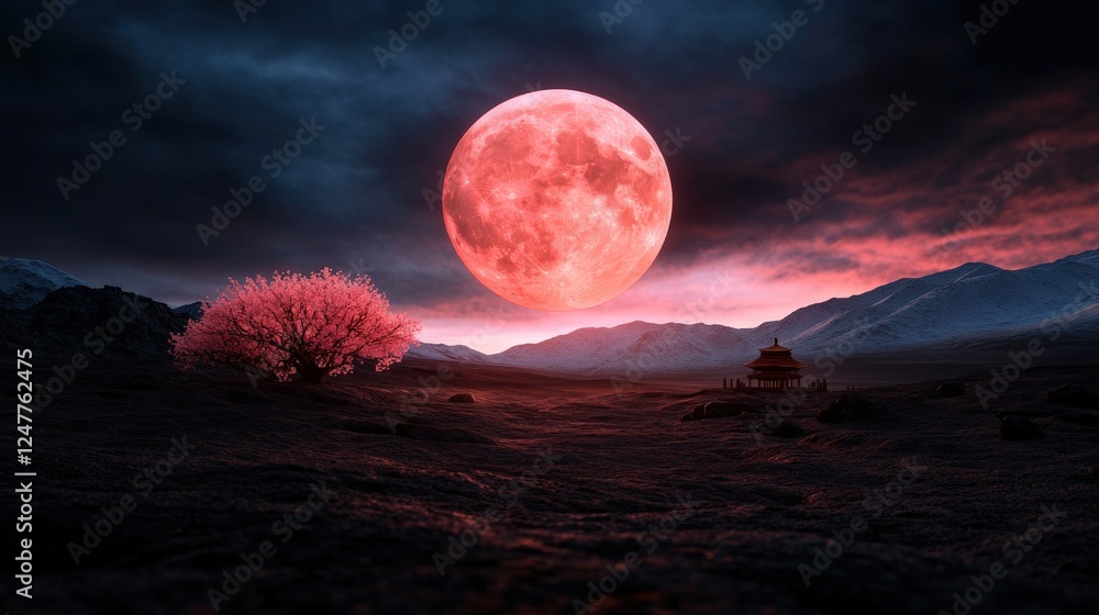 Fototapeta premium A dramatic scene showcasing a luminous full moon casting its glow over a barren landscape marked by mountains and a blooming cherry tree, capturing the essence of tranquility.