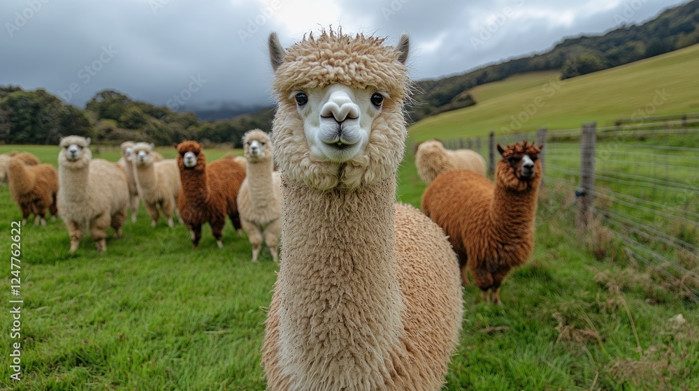 Photo of cute alpacas on green grass. Photo of cute alpacas on green grass.