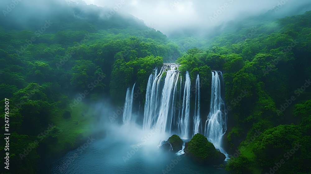 Naklejka premium Misty mountain waterfall cascade, lush forest, aerial view, nature travel