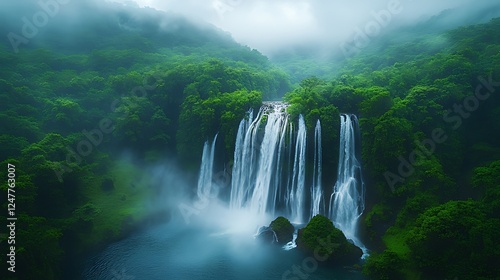 Misty mountain waterfall cascade, lush forest, aerial view, nature travel
