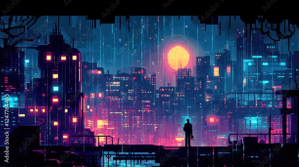 Naklejka premium A lone figure observes a futuristic cityscape at sunset