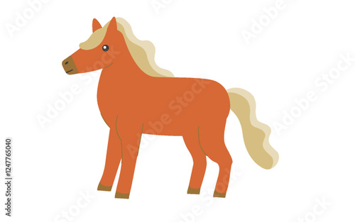 Flat cartoon illustration of a brown horse with a beige mane and tail. The horse is standing in profile with a neutral expression. Simple vector design isolated on a white background