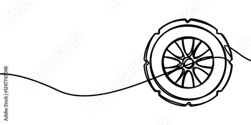 continuous line drawing of car wheel symbol. abstract line art illustration