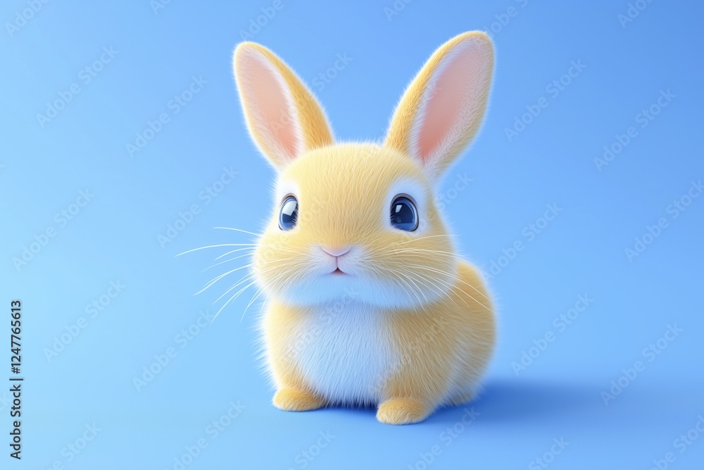 A cute, fluffy yellow rabbit with large eyes sitting on a light blue background. The rabbit has a soft, cartoonish appearance, making it look adorable and inviting. 3d rendering cute. A cute, fluffy yellow rabbit with large eyes sitting on a light blue background. The rabbit has a soft, cartoonish appearance, making it look adorable and inviting. 3d rendering cute.