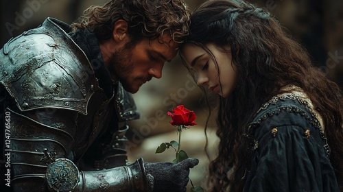 epic love, knight romance, medieval love, heroic knight, white horse, sunset ride, fantasy adventure, eternal love, noble warrior, fair maiden, medieval couple, knightly devotion, royal lovers, enchan