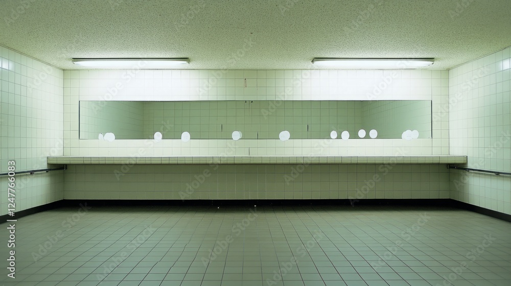 Fototapeta premium A photo of a public bathroom with a large long mirror facing the mirror with 3 small scattered white circle stickers on the long mirror
