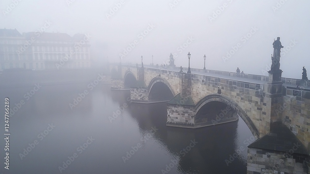Naklejka premium Foggy ancient stone bridge over calm river.