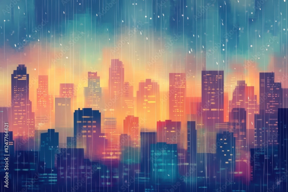 Fototapeta premium City Skyline During a Rainy Sunset