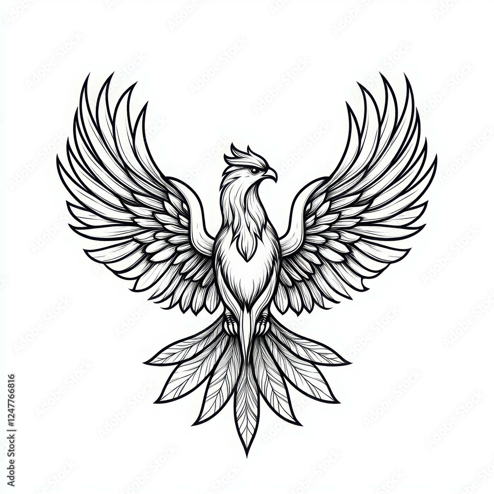 Obraz premium Stylized Black and White Tattoo Design Featuring a Majestic Phoenix with Detailed Wings and Tail