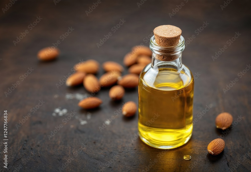 almond oil in bottle on dark wood background almond oil in bottle on dark wood background
