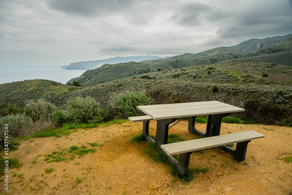 Picnic Table Overlooks The Northern Coast Of Santa Cruz Island Along The Del Norte Trail Picnic Table Overlooks The Northern Coast Of Santa Cruz Island Along The Del Norte Trail