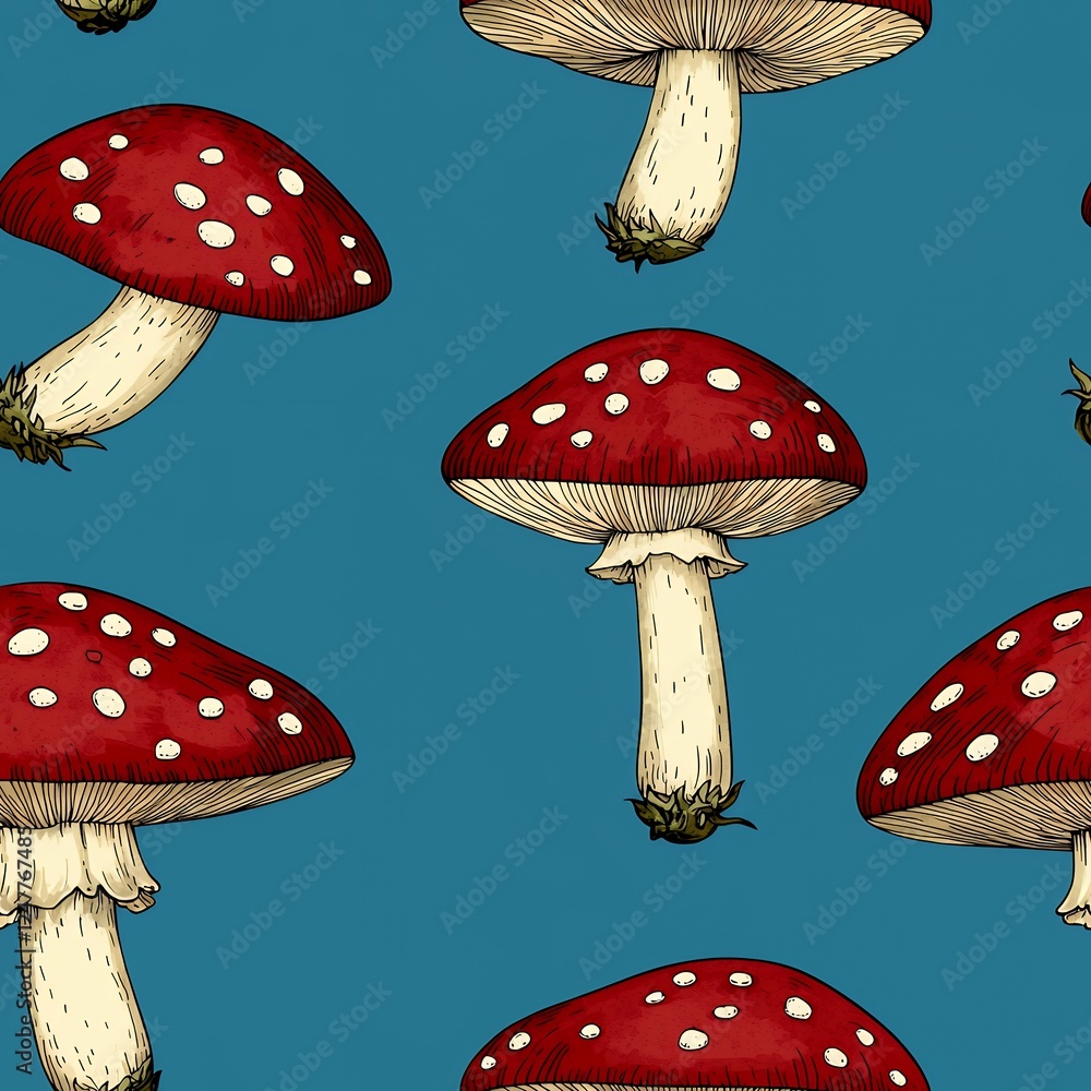 Red Mushroom Pattern On Teal Background Red Mushroom Pattern On Teal Background