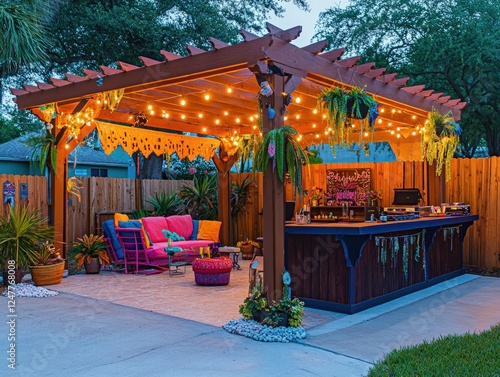 Vibrant Backyard Oasis: Illuminated Pergola with Bar and Lounge. photo