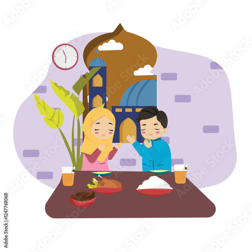 Muslim boy and muslimah girl ifthar ramadhan eating chicken kurma and satai breaking the fast siblings brother and sister