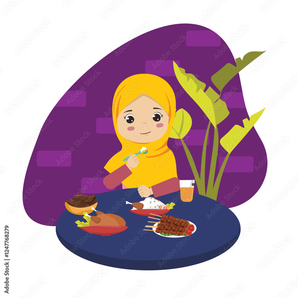 Muslimah girl ifthar ramadhan eating chicken kurma and satai breaking the fast
