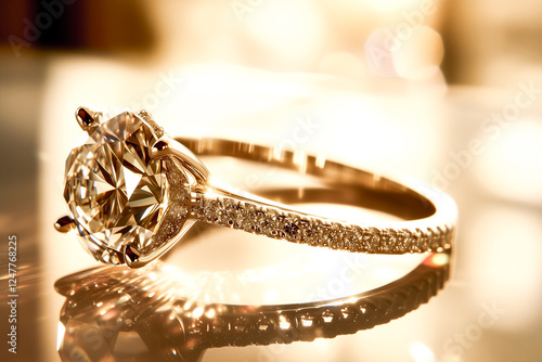 Elegant diamond ring shining brightly against a warm golden background.