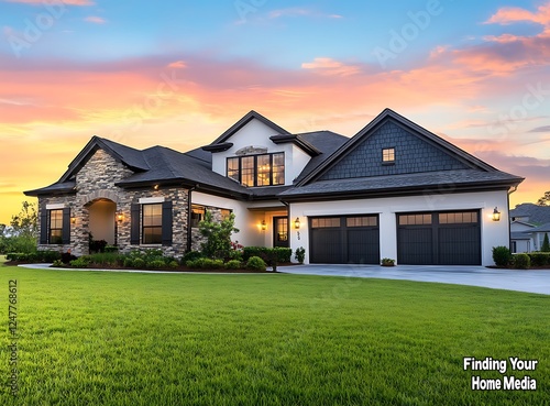 Ultra-realistic photograph of a modern house with a red roof, white walls, and brown bricks on the bottom floor, surrounded by a grassy front yard, set in Poland on a sunny day with a blue sky and bri photo