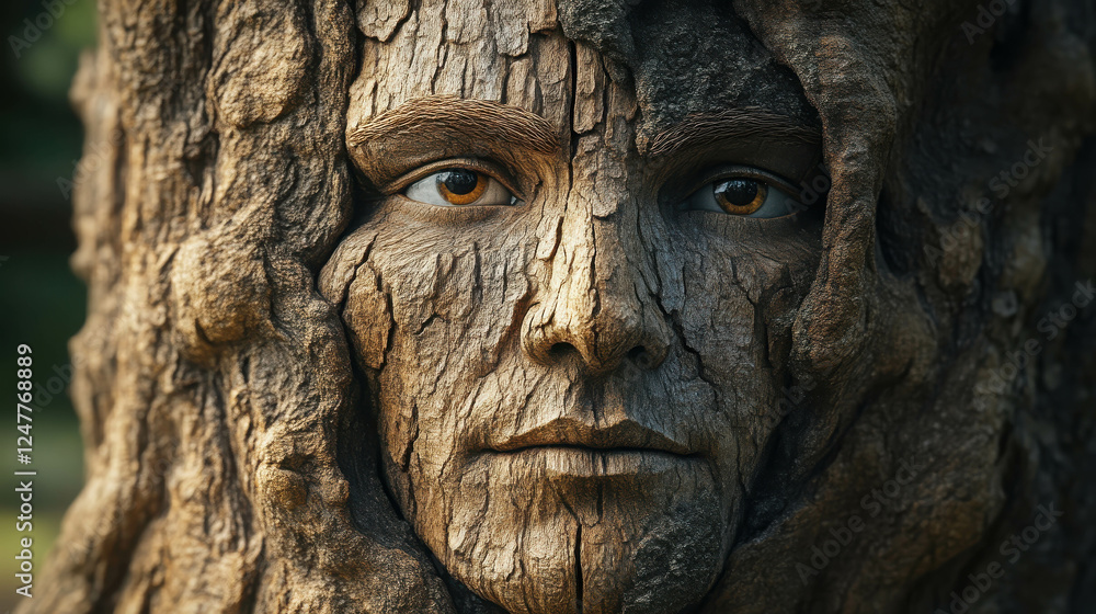 Towering Tree with Human Features Skillfully Carved into Its Half Trunk for Artistic Display Towering Tree with Human Features Skillfully Carved into Its Half Trunk for Artistic Display