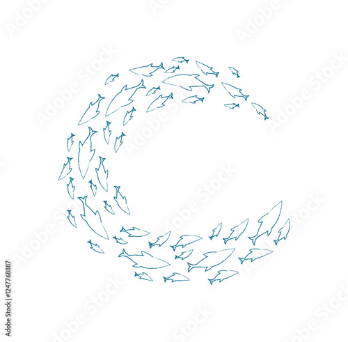 Aquatic fish school pattern. Group of silhouettes in ocean. Underwater scene, chalk texture, swirl design, perfect for marine life themes, educational materials, or aquarium decor.