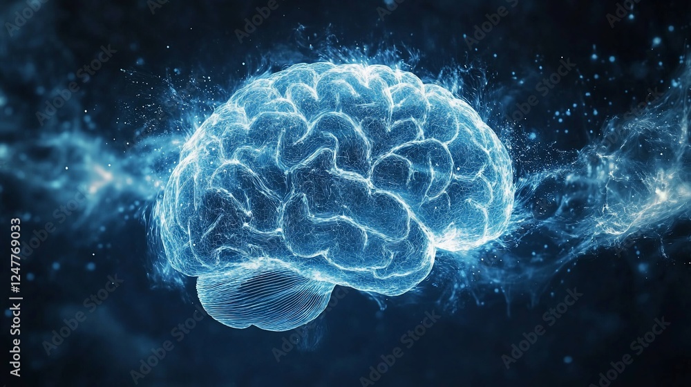 Digital depiction of the human brain with blue light effects against dark backdrop Digital depiction of the human brain with blue light effects against dark backdrop