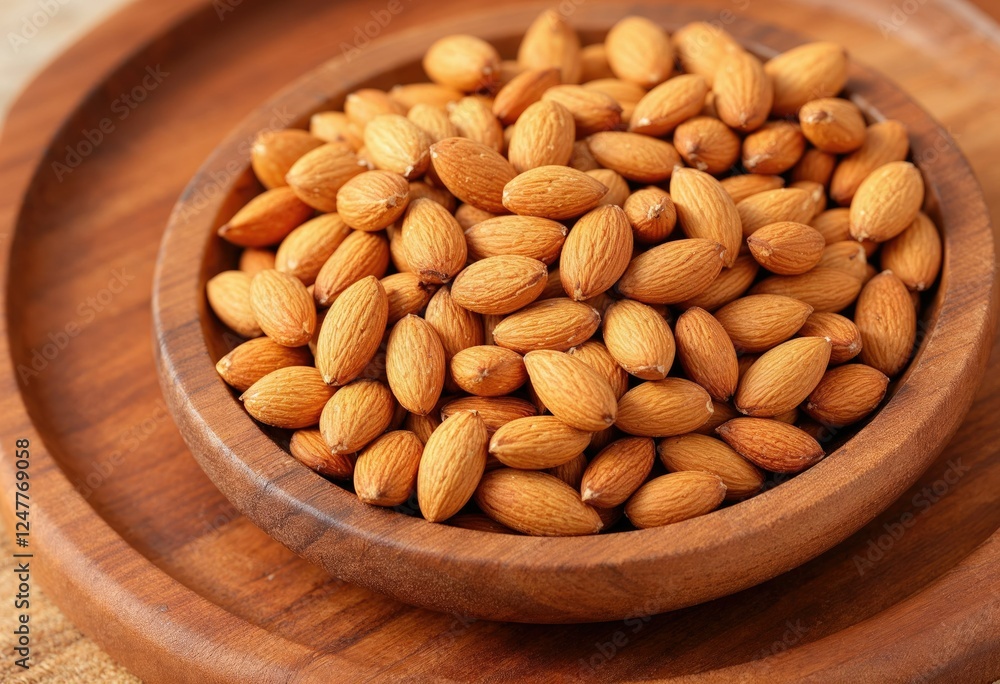 pile of almonds on wooden tray pile of almonds on wooden tray