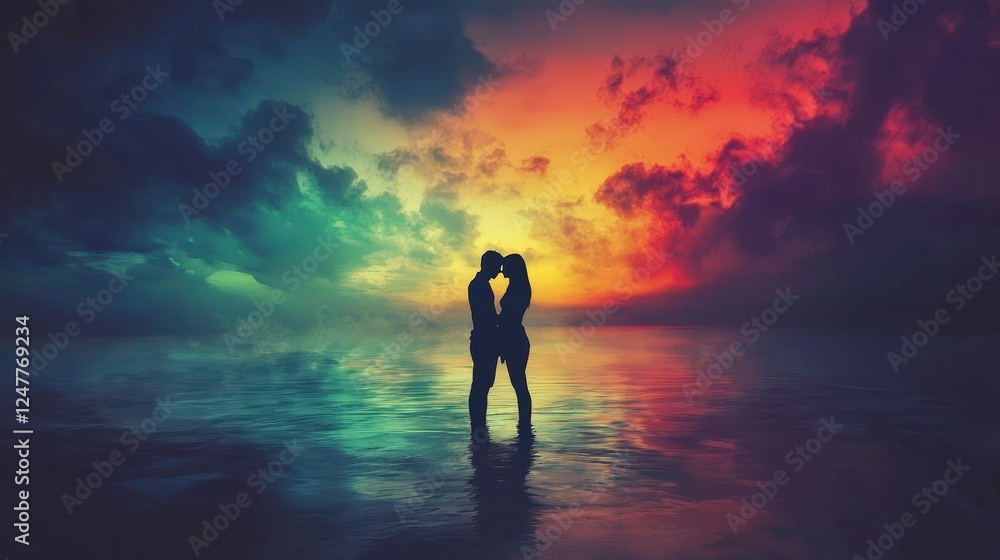 Obraz premium Romantic silhouette of couple embracing at sunset over ocean