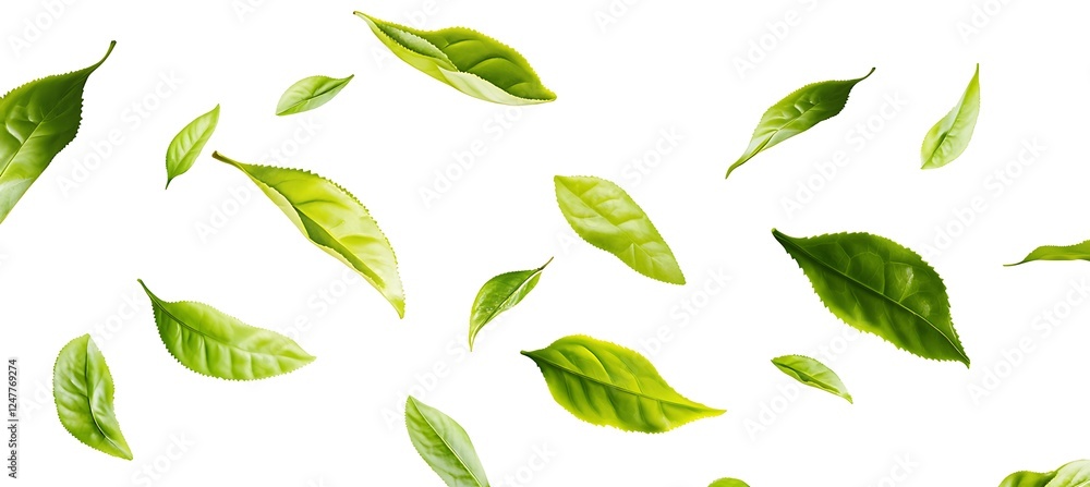 Falling green tea leaves floating in the air against a white background, vector illustration with space for text Falling green tea leaves floating in the air against a white background, vector illustration with space for text