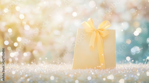 A pale yellow gift bag with a satin ribbon sits on a sparkling surface against a bokeh background.