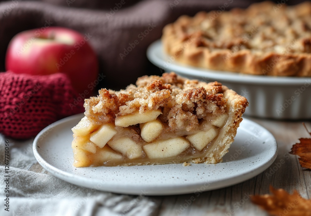 Delicious baked apple pie slice with crumb topping served on a white plate beside fresh apples and a whole pie on a wooden table in a cozy setting Delicious baked apple pie slice with crumb topping served on a white plate beside fresh apples and a whole pie on a wooden table in a cozy setting